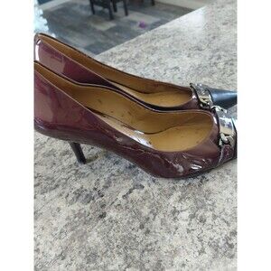 Coach Burgundy Patent Leather Pointed-Toe Kitten Heels with Black Cap Toe